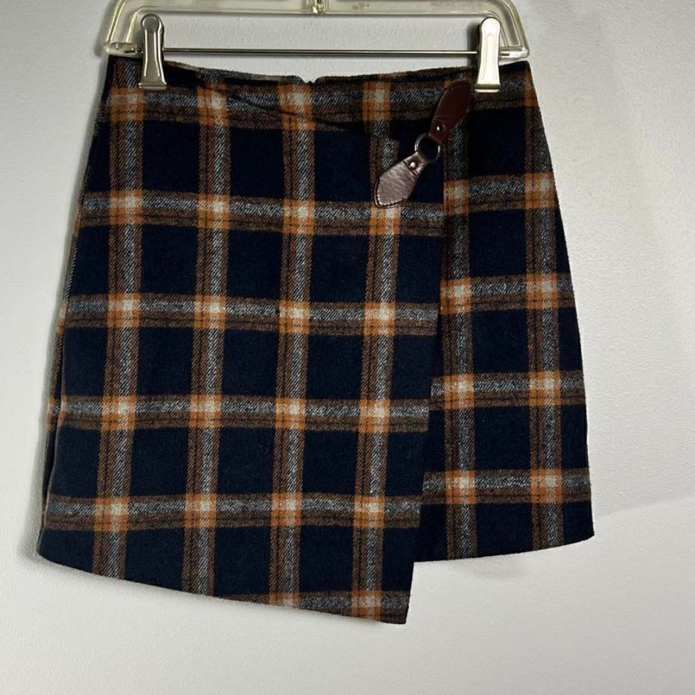 Blue/Orange Plaid Faux Wrap Fully Lined Mini Skirt Size L
